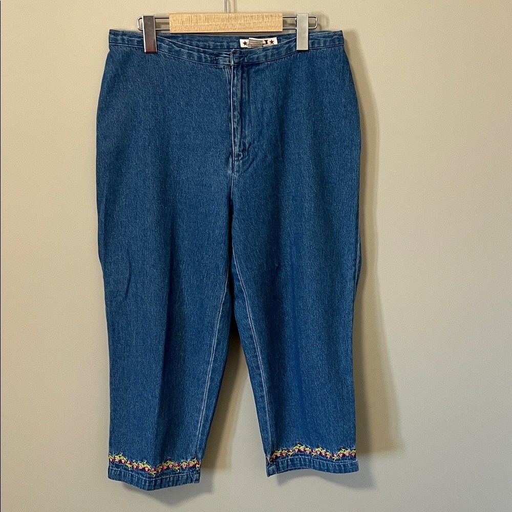A.M.I Vintage 90s High Rise Cropped Denim Jeans Embroidered Strawberry Hem Small